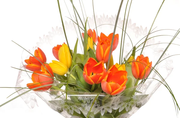 Bouquet of red and white tulips in a film — Stock Photo, Image