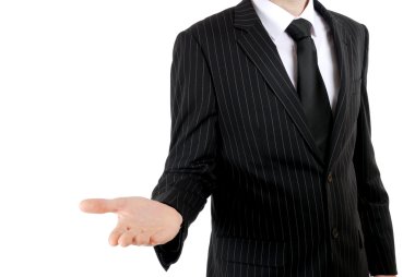 Business man with open stretched hand offering help clipart