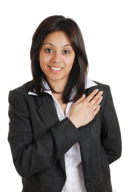 Business woman pledging with hand on chest clipart