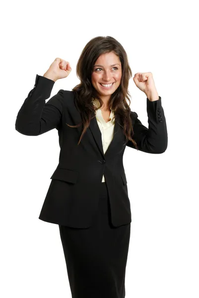 Donna d'affari che celebra il successo con le mani alzate — Foto Stock