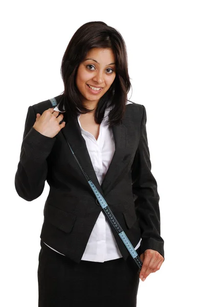 Mulher de negócios usando fita métrica — Fotografia de Stock