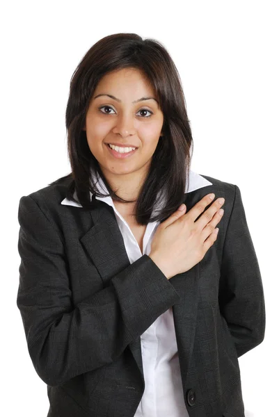 Business woman pledging with hand on chest Stock Image