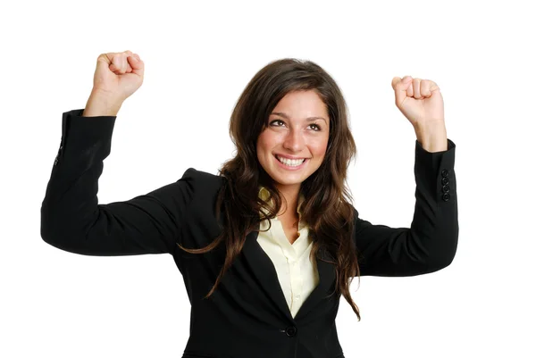 Geschäftsfrau feiert Erfolg mit erhobenen Händen Stockbild