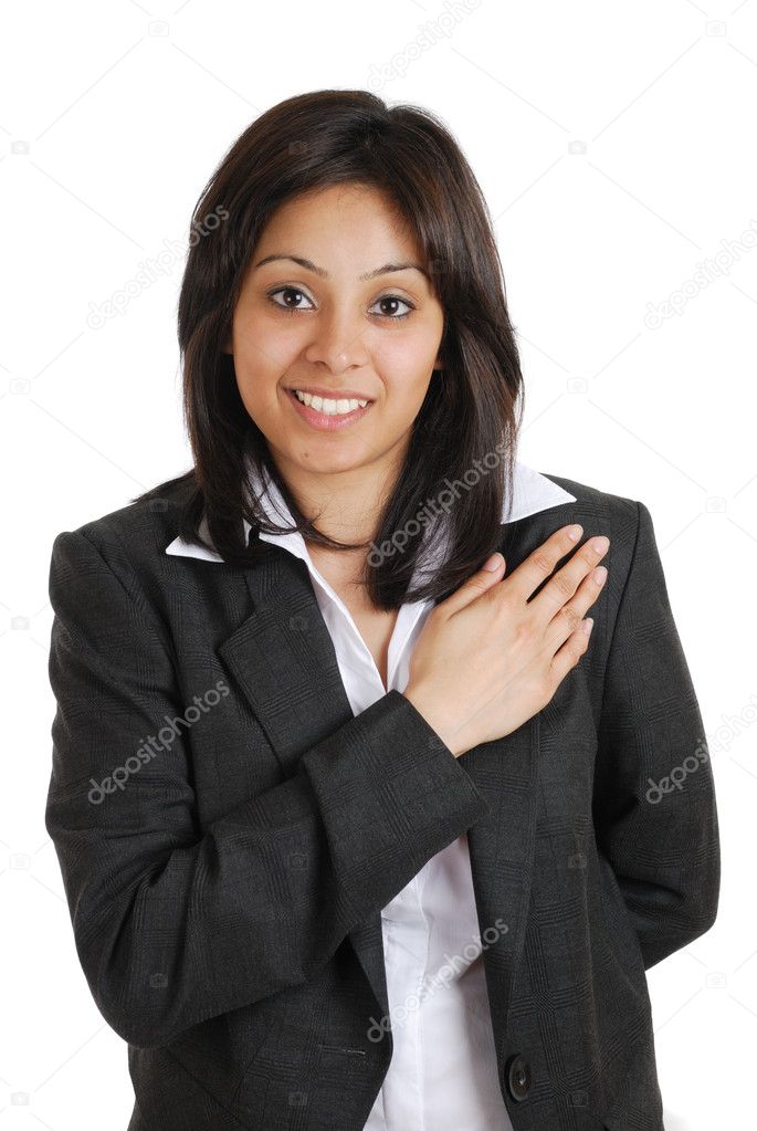 Business woman pledging with hand on chest