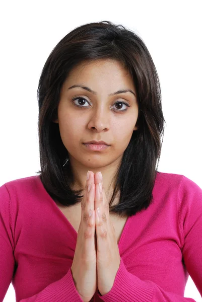 Kobieta uczeń robi w geście modlitwy — Zdjęcie stockowe