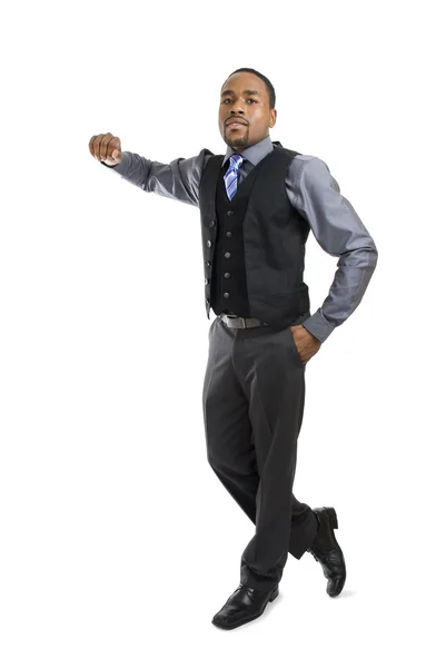 African american business man leaning on isolation — Stock Photo, Image