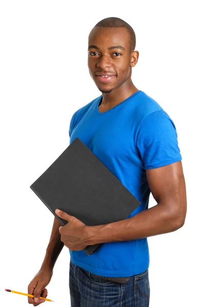 Selbstbewusster männlicher Student mit Ordner und Bleistift lizenzfreie Stockbilder