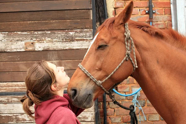 Momento terno entre uma mulher e o seu cavalo — Fotografia de Stock
