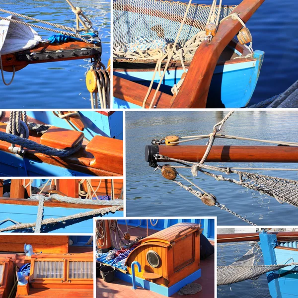 Gemischte Collage von Details eines alten Segelbootes — Stockfoto