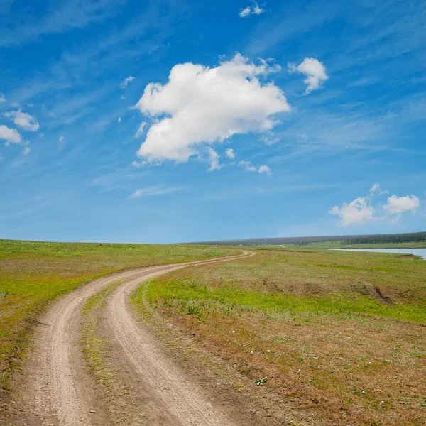 Winding rural road to horizon under cloudy sky — Stock Photo, Image