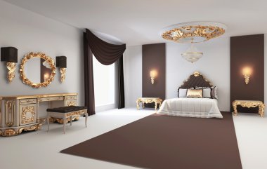 Baroque bedroom with golden furniture in royal interior Residenc clipart