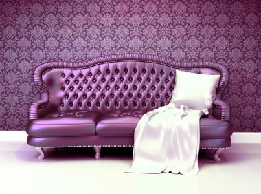 Luxurious leather sofa with covering in interior with ornament clipart