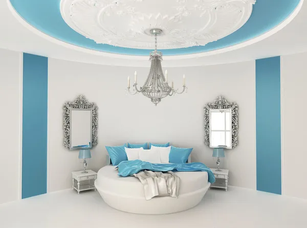 Rundes Bett im barocken Interieur. luxuriöse Möbel im blauen Zimmer — Stockfoto