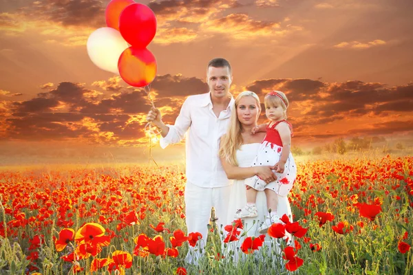 Happy family on Field of poppies spring flowers, sunset outdoors — Stock Photo, Image
