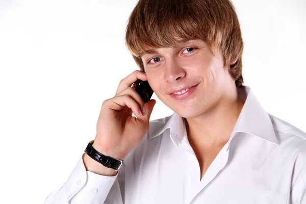 Portret przystojny młody mężczyzna rozmowy na telefon komórkowy — Zdjęcie stockowe