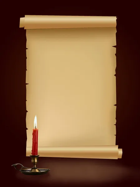 Old antique paper manuscript with candle on brown background — Stock Photo, Image