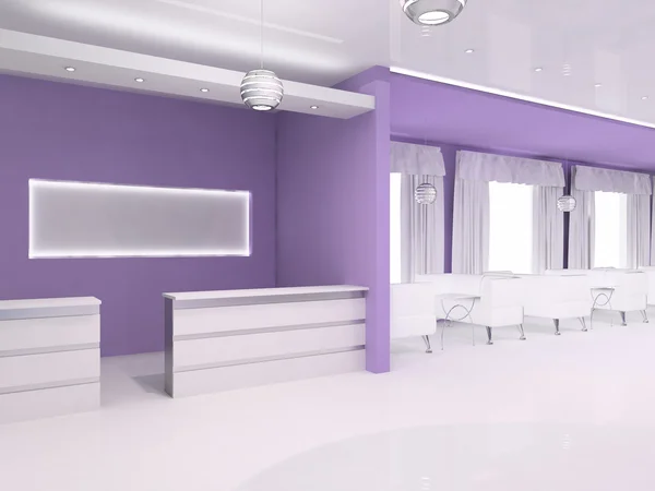 Hall d'accueil intérieur avec fond blanc, violet — Photo