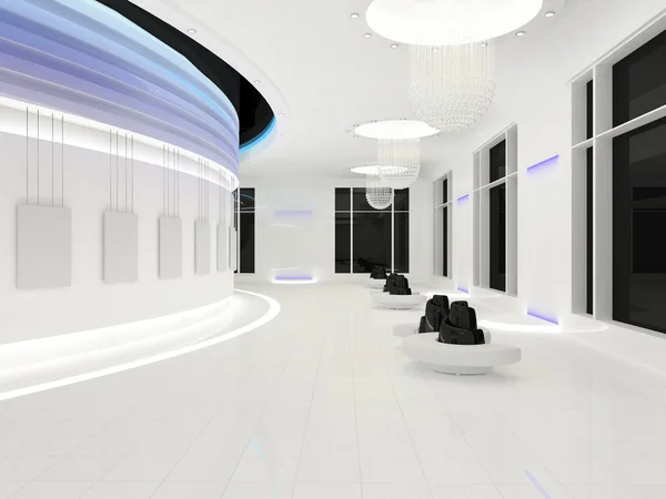 Espacio interior moderno con marcos vacíos en la pared blanca —  Fotos de Stock