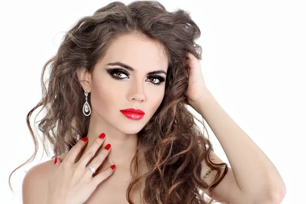 Young beautiful woman with red lips and long curly hairs - isola — Stock Photo, Image