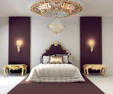 Luxury double bedroom with golden furniture in royal interior clipart