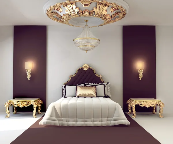Luxo quarto duplo com mobiliário dourado no interior real — Fotografia de Stock