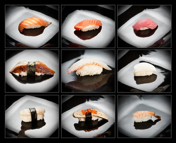 Uppsättning av 9 olika nigirizushi (sushi) — Stockfoto