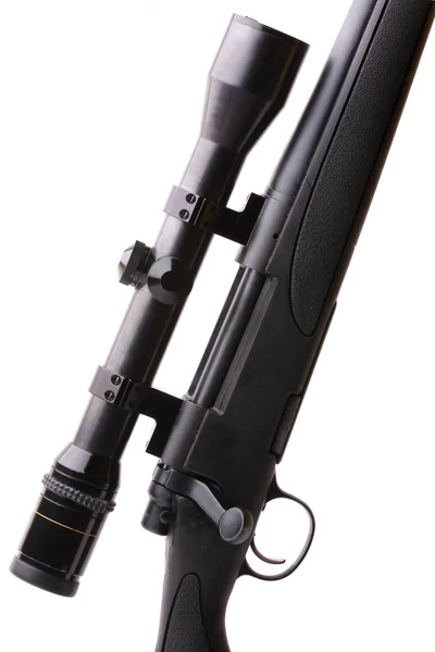 Чорна мисливська гвинтівка з оптикою ізольована на білому — стокове фото
