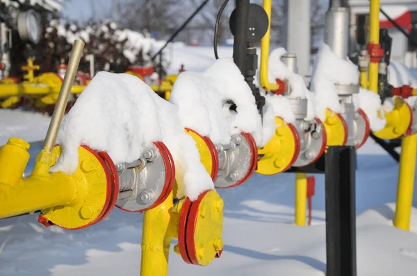 stock image Gas valves are covered with snow