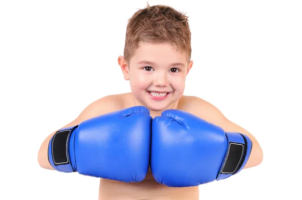 白い背景の上のボクシング グローブを持つ少年 ストック画像