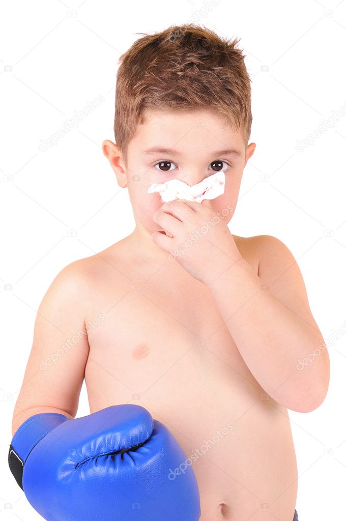 Boy with boxing gloves and with a broken nose on a white background