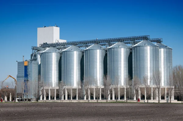 Arka plan mavi gökyüzü ile gümüş tahıl siloları — Stok fotoğraf