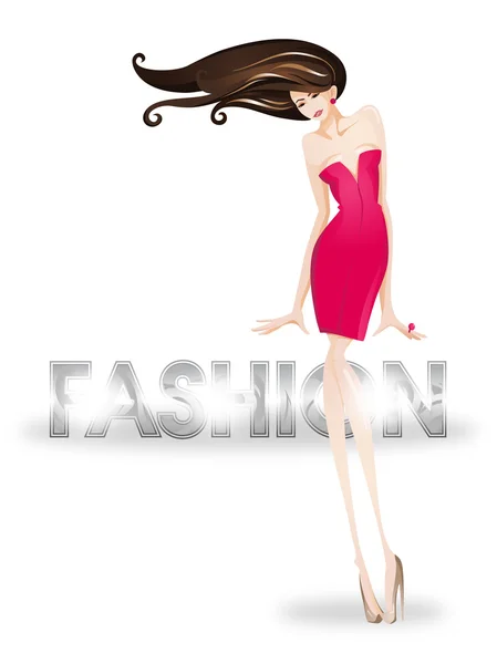 Menina da moda vestindo um vestido vermelho. Ilustração vetorial. Lugar para o seu texto —  Vetores de Stock
