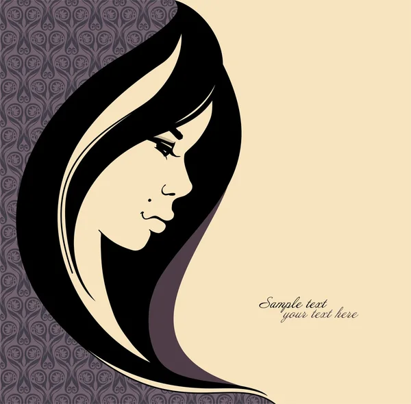 Hosszú fekete haja gyönyörű lány portréja. Tegyük a szöveget. vektoros illusztráció. — Stock Vector