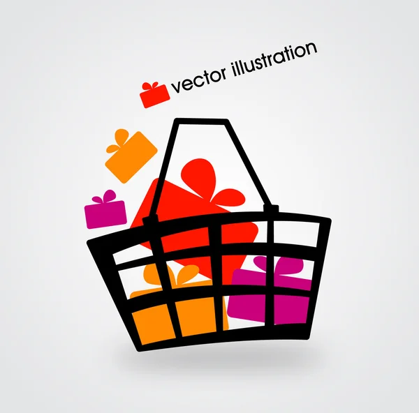 Cesta y cajas de regalo multicolores. Ilustración vectorial . — Vector de stock