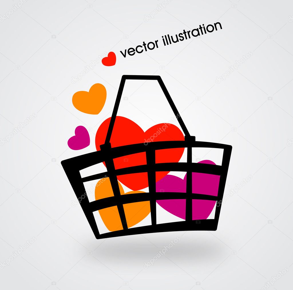 Basket and multicolored hearts. Vector illustration.