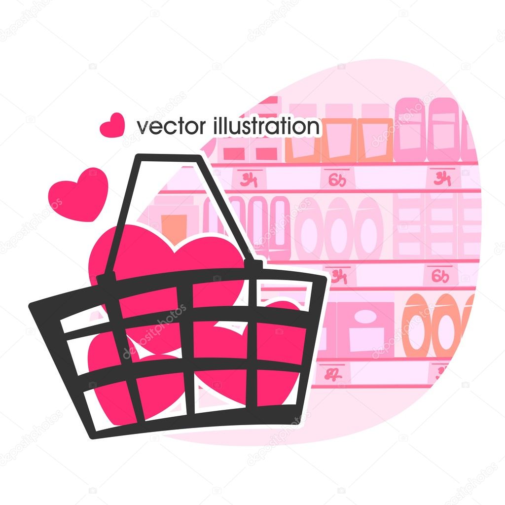 Shopping basket with heart. Vector illustration