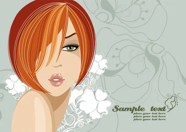 A beautiful girl with red hair to a light green background. — Stock Vector