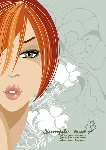가벼운 녹색 배경에 붉은 머리를 가진 아름 다운 소녀. — 스톡 벡터