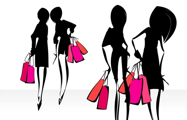Alışveriş kız silhouettes. — Stok Vektör