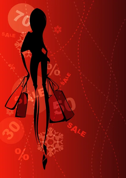 Shopping girl on the sale background. — Stock Vector