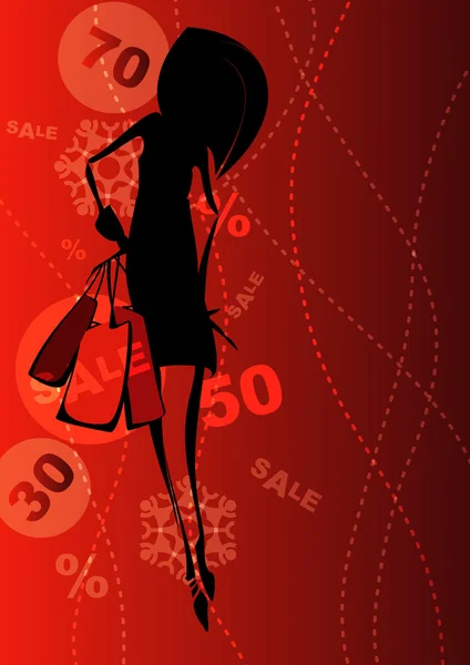 Compras chica en el fondo de la venta . — Vector de stock