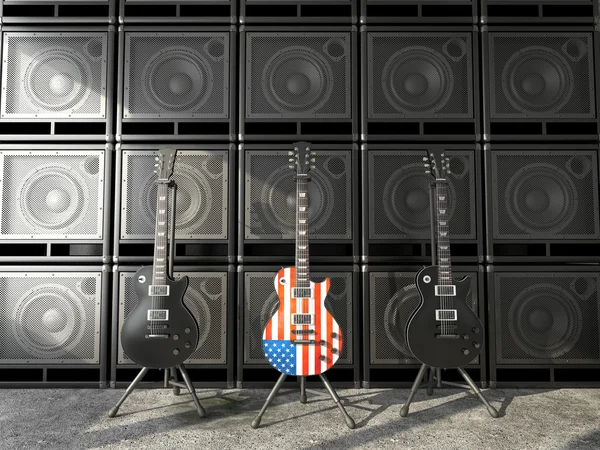 Três guitarras em estilo americano, duas pretas — Fotografia de Stock