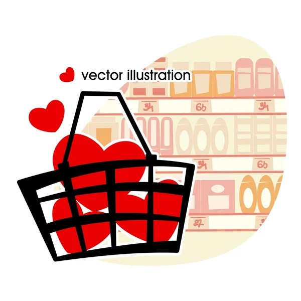 Piaci kosár tele van piros szívek. — Stock Vector
