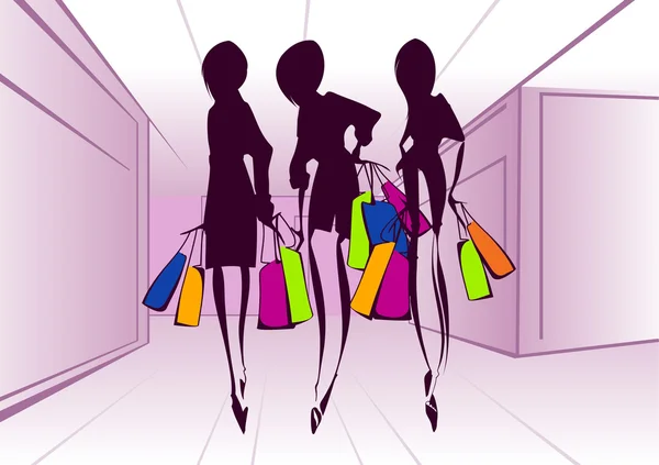 Kızlar alışverişe. vektör çizim — Stok Vektör