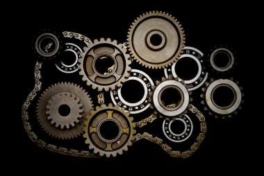 Set of gears, ball-bearings and chain