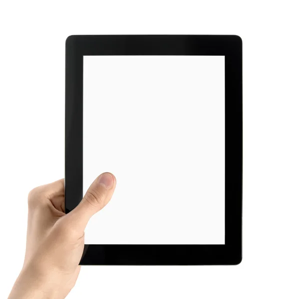 Ręka trzyma elektroniczne typu Tablet na białym tle — Zdjęcie stockowe
