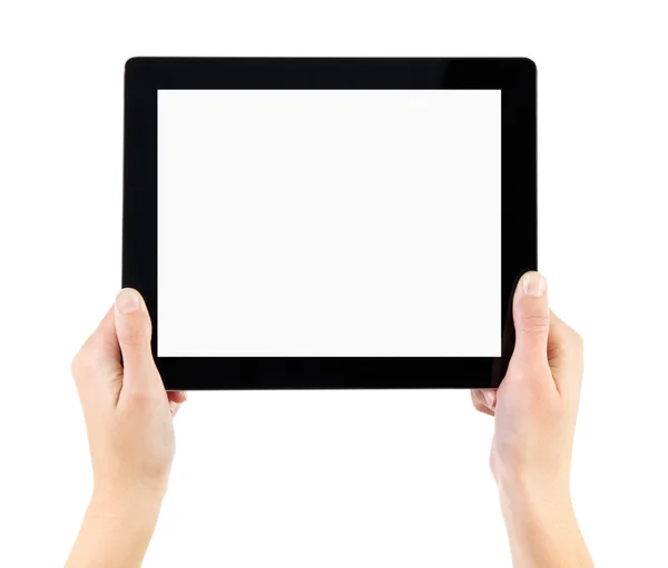 Håller elektroniska TabletPC i händer — Stockfoto