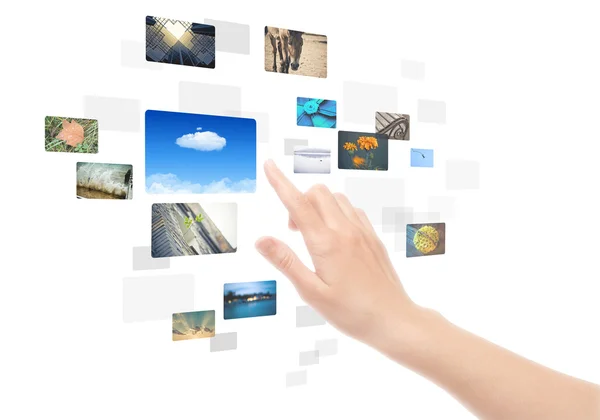 Hand met touch-screen interface met foto's geïsoleerd — Stockfoto