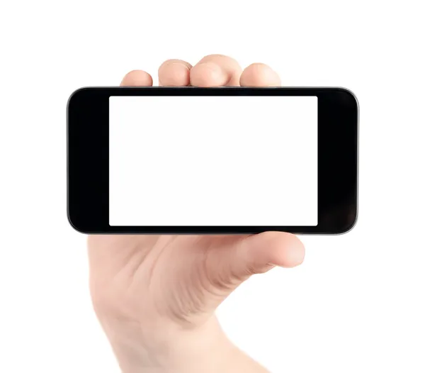 Hand houd lege mobiele telefoon geïsoleerd — Stockfoto