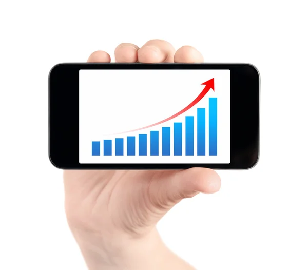 Mão mostrando telefone móvel com gráfico de sucesso — Fotografia de Stock